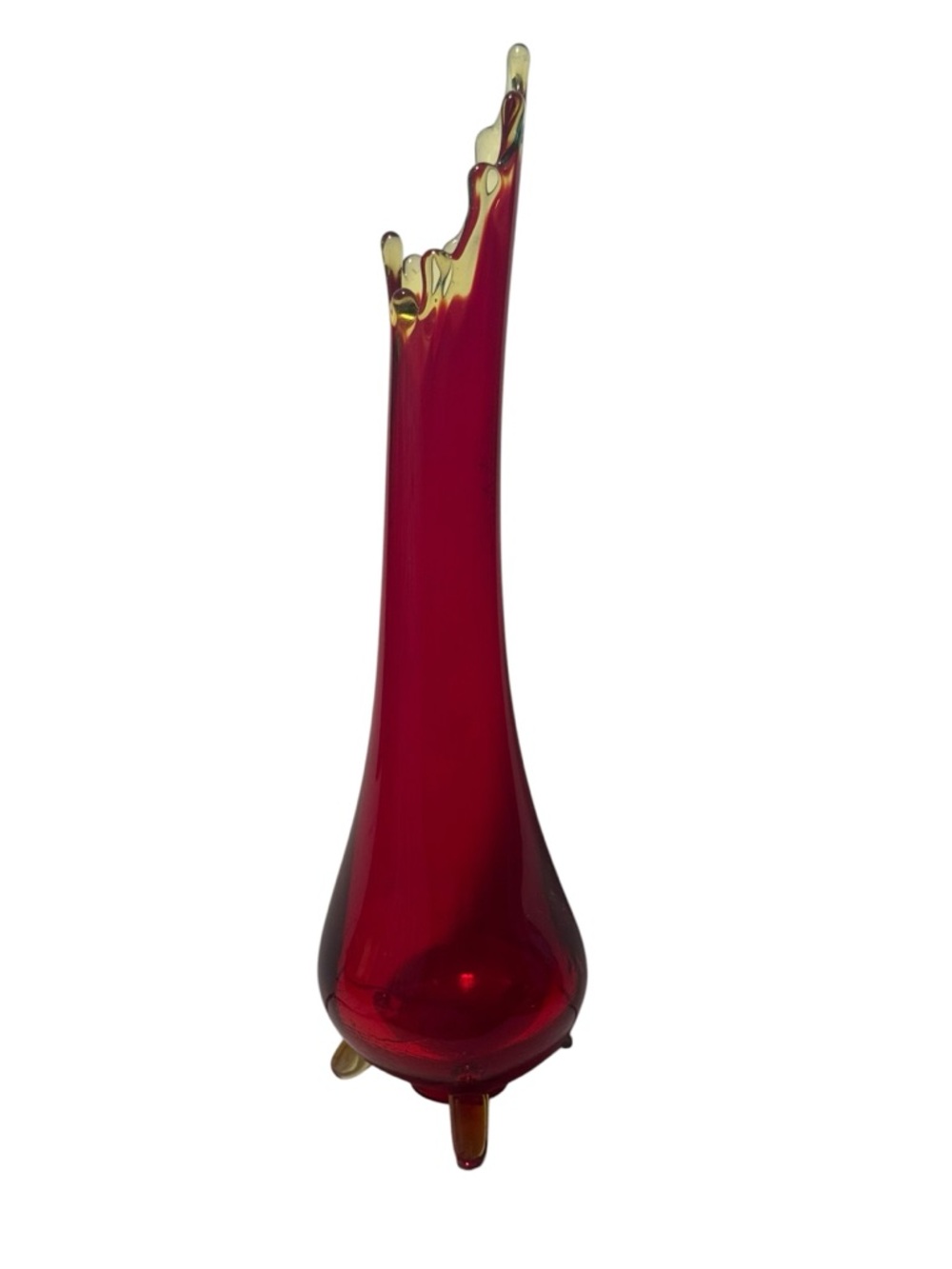 Red Art Glass 3 footed Swung Amber and Fire red Vase